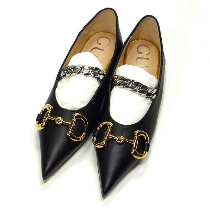 中古】GUCCI レディース パンプス フラット シューズ レザー ブラック 