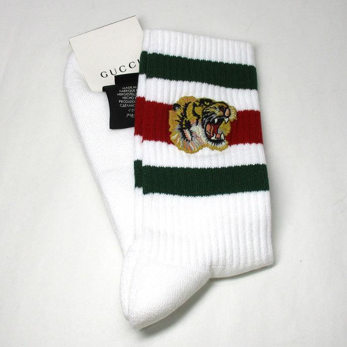 経典ブランド シェリーライン ウェブ ホワイト トラ刺繍 ソックス ストレッチコットン タイガー付き 中古 グッチ メンズ Apparel 未使用 靴下 Gucci 靴下 Affaires Sociales Gouv Cg