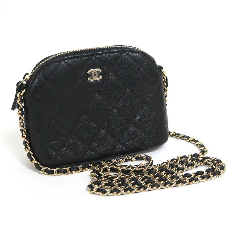 CHANEL シャネル チェーンポーチ マトラッセ ブラック×ゴールド金具 