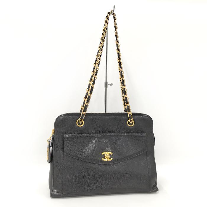 CHANEL チェーンショルダーバッグ　ブラックロゴ CHANEL チェーン ショルダーバッグ ココマーク ターンロック レザー