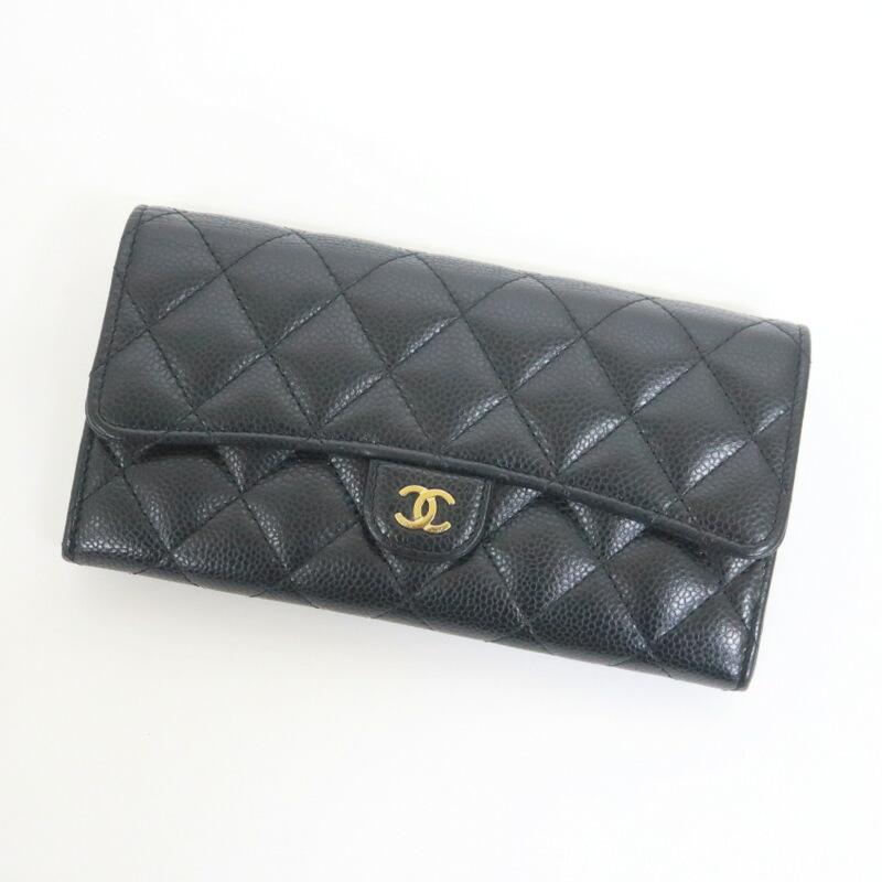 CHANEL シャネル キャビアスキン 二つ折り長財布 ブラック×ゴールド