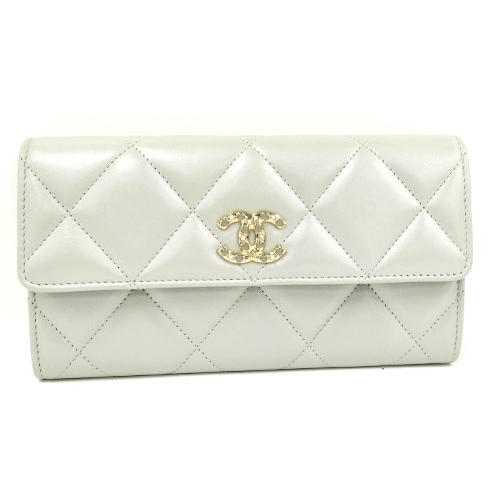CHANEL 長財布 マトラッセ ラムスキン ココマーク レザー ブルーグレー  
