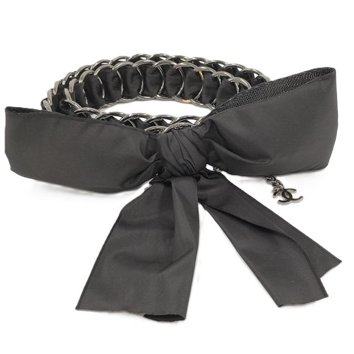 た*や様 CHANEL シャネル ココマーク リボン チェーン ベルト ブラック CHANEL シャネル ココマーク リボン チェーン ベルト 箱 GP ブラック