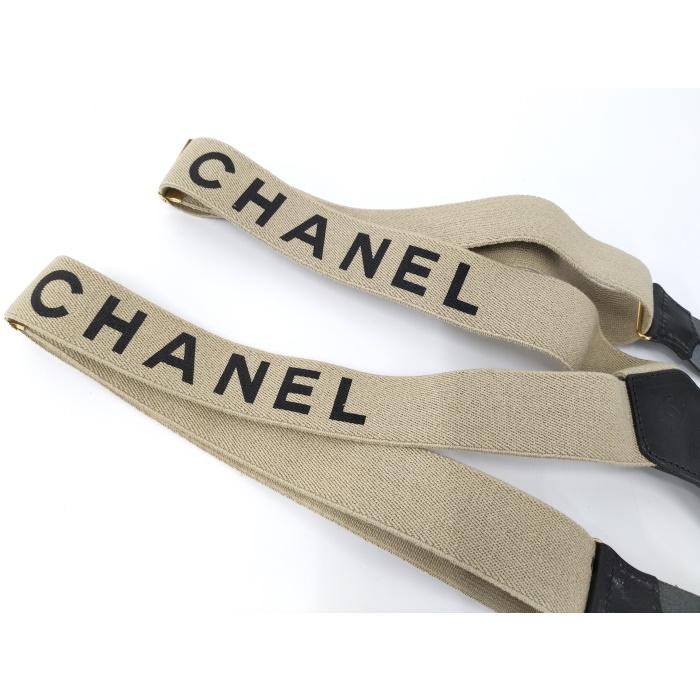中古】CHANEL サスペンダー キャンバス レザー ベージュ ブラック  