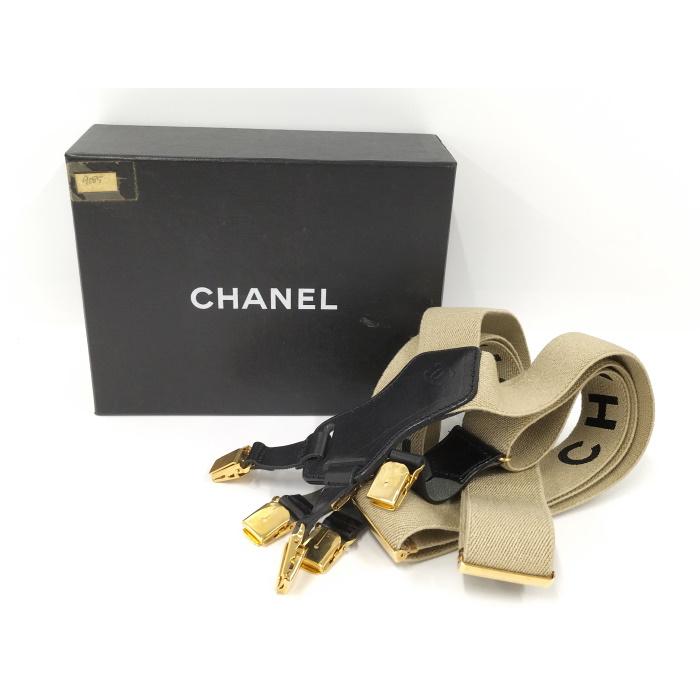 中古】CHANEL サスペンダー キャンバス レザー ベージュ ブラック  