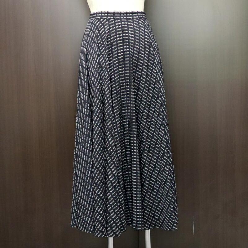 CELINE セリーヌ セリーヌロゴストライプ・ミディアムスカート シルク ブラック×ホワイト ＃36 2J3458430
