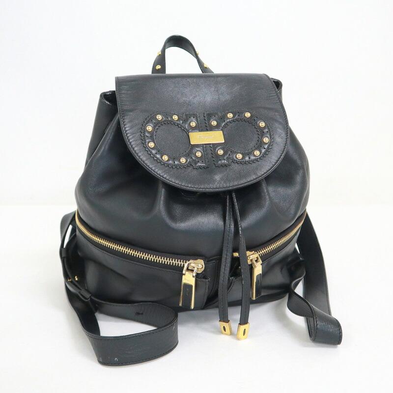 美品 フェラガモ レザー バックパック リュック ガンチーニ Vintage 黒 S.Ferragamo フェラガモ バックパック ガンチーニ ブラック レザー