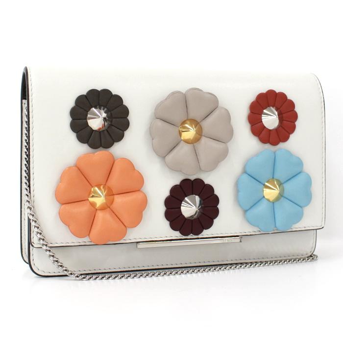 中古 Fendi チェーンウォレット レザー ホワイト ホワイト 8m0346 バッグ Jjコレクション ヤフー店の フラワーモチーフ