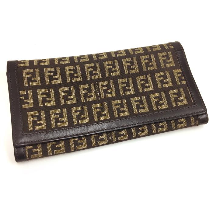 FENDI 【中古】FENDI 二つ折り長財布 ズッカ柄 キャンバス レザー 