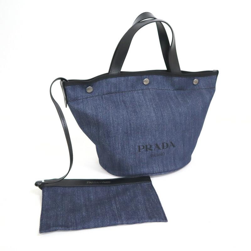 PRADA トートバッグ 黒 青 ポーチ付き PRADA プラダ トートバッグ ポーチ付き デニム×レザー×シルバー金具