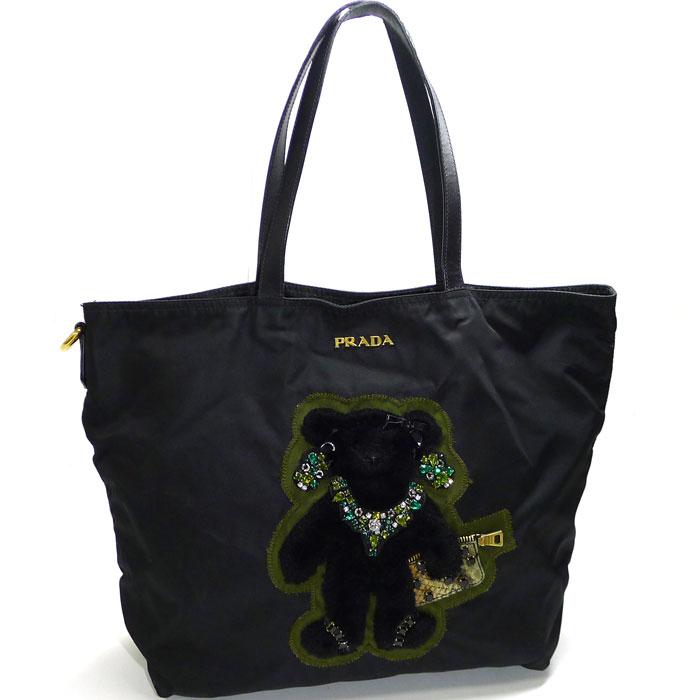 中古】PRADA トートバッグ 熊 クマ ベアー ビジュー ナイロン ブラック 