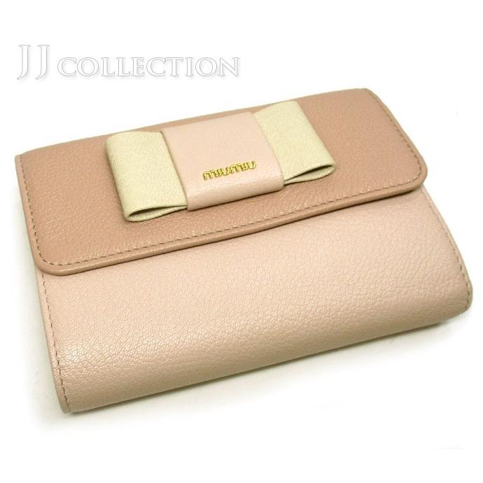 Miumiu ミュウミュウ L字ファスナー 三つ折り財布 ピンク系 リボンモチーフ レザー 5ml225 Su