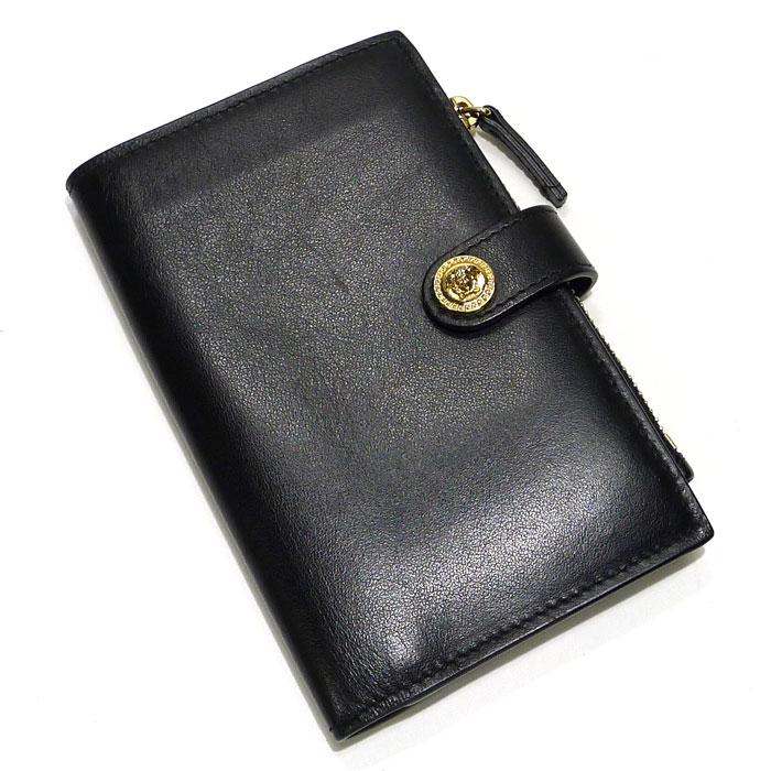 中古】VERSACE 二つ折り コンパクト財布 メデューサ レザー ブラック 