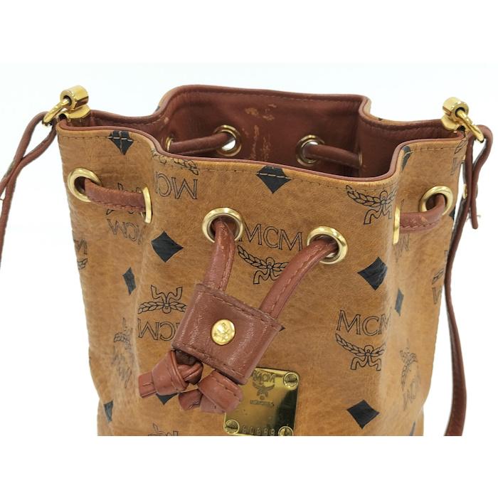 MCM 巾着型ショルダーバッグ ヴィセトス ロゴグラム レザー キャメル 