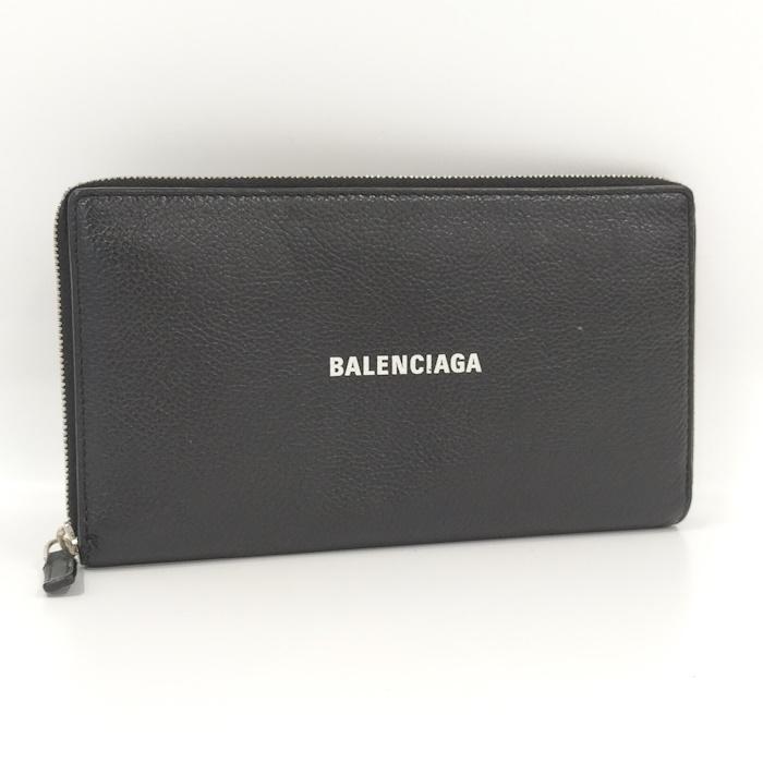 BALENCIAGA 長財布 ラウンドファスナー ロゴ ブラック レザー 美品 BALENCIAGA バレンシアガ 長財布 レディース ラウンドファスナー