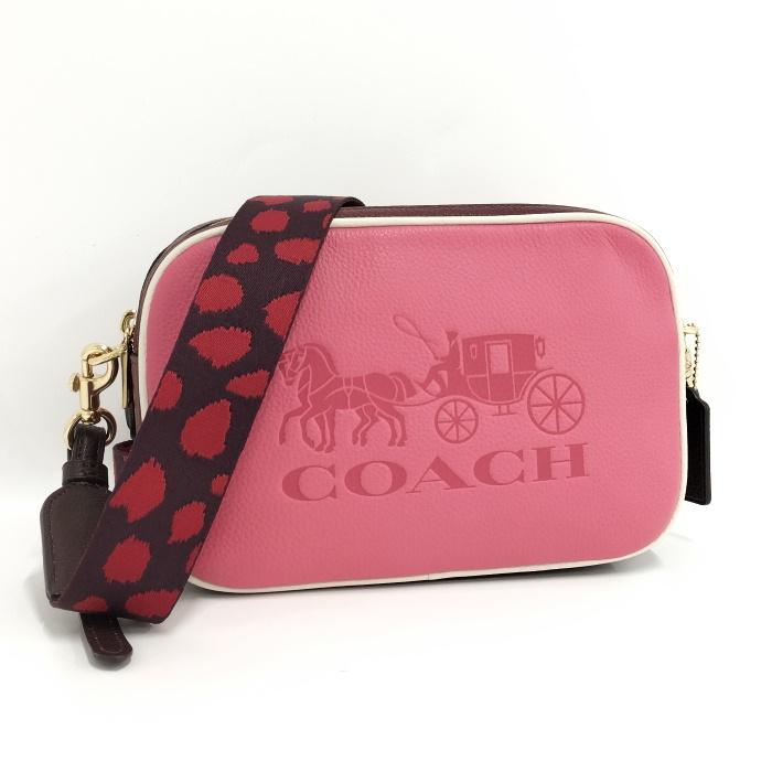 中古】COACH ショルダーバッグ ロゴ レザー ピンク系 ボルドー系  