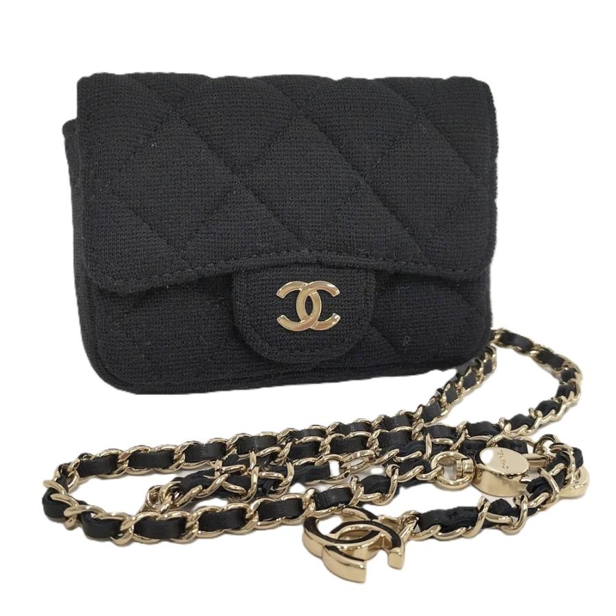 【美品】シャネル ミニ チェーンショルダー ポーチ コットン マトラッセ 黒 CHANEL（シャネル） ミニミニマトラッセ チェーンショルダーポーチ