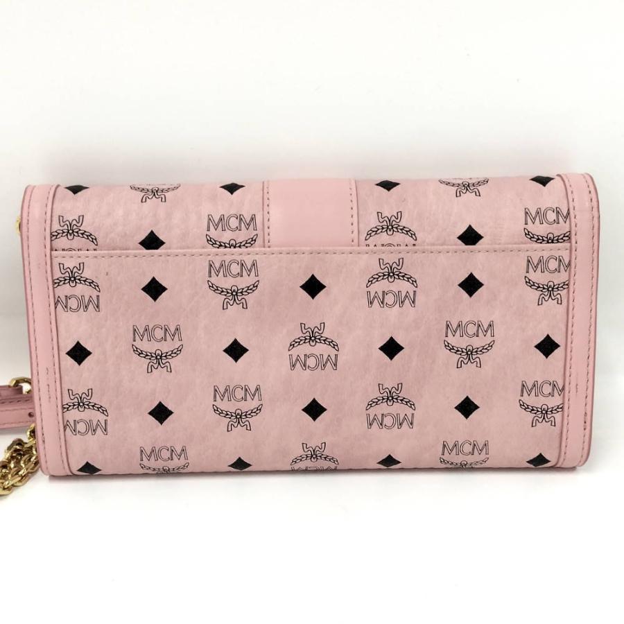 MCM 三つ折り財布 ピンク ヴィセトス　スタッズベルト ブラスプレート MCM（エムシーエム） チェーンウォレット ヴィセトス柄 レザー ピンク