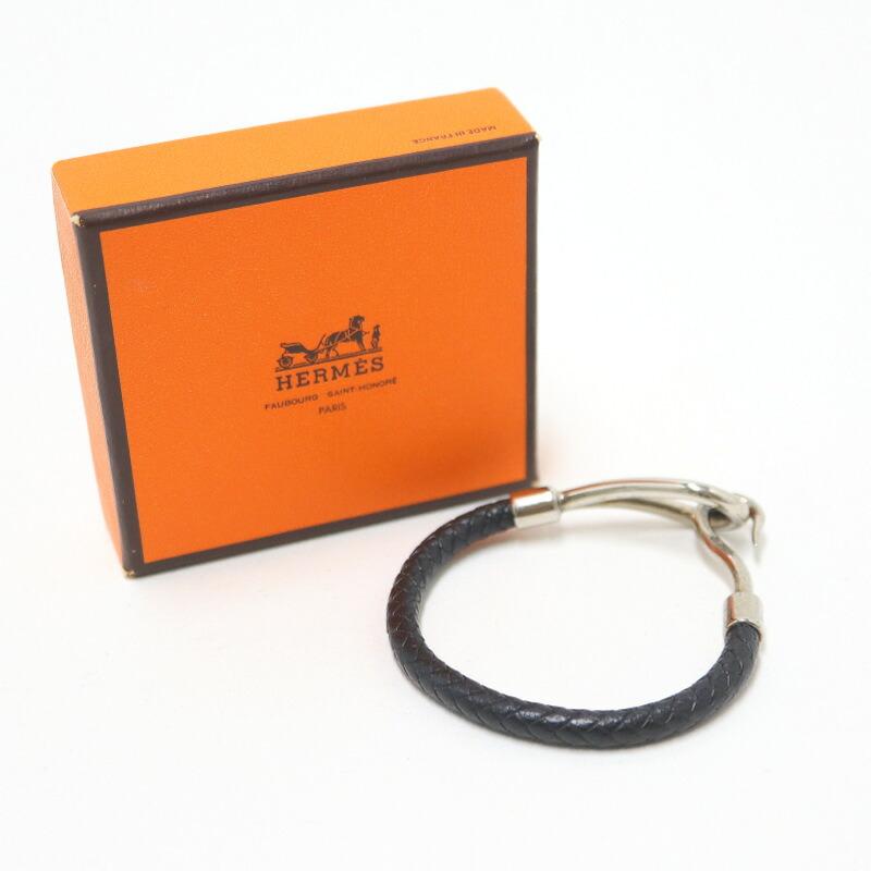 HERMES エルメス ジャンボブレスレット ブラック レザー シルバー金具