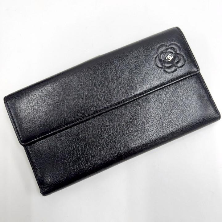 CHANEL シャネル バタフライカメリア 長財布 レザー ブラック×シルバー