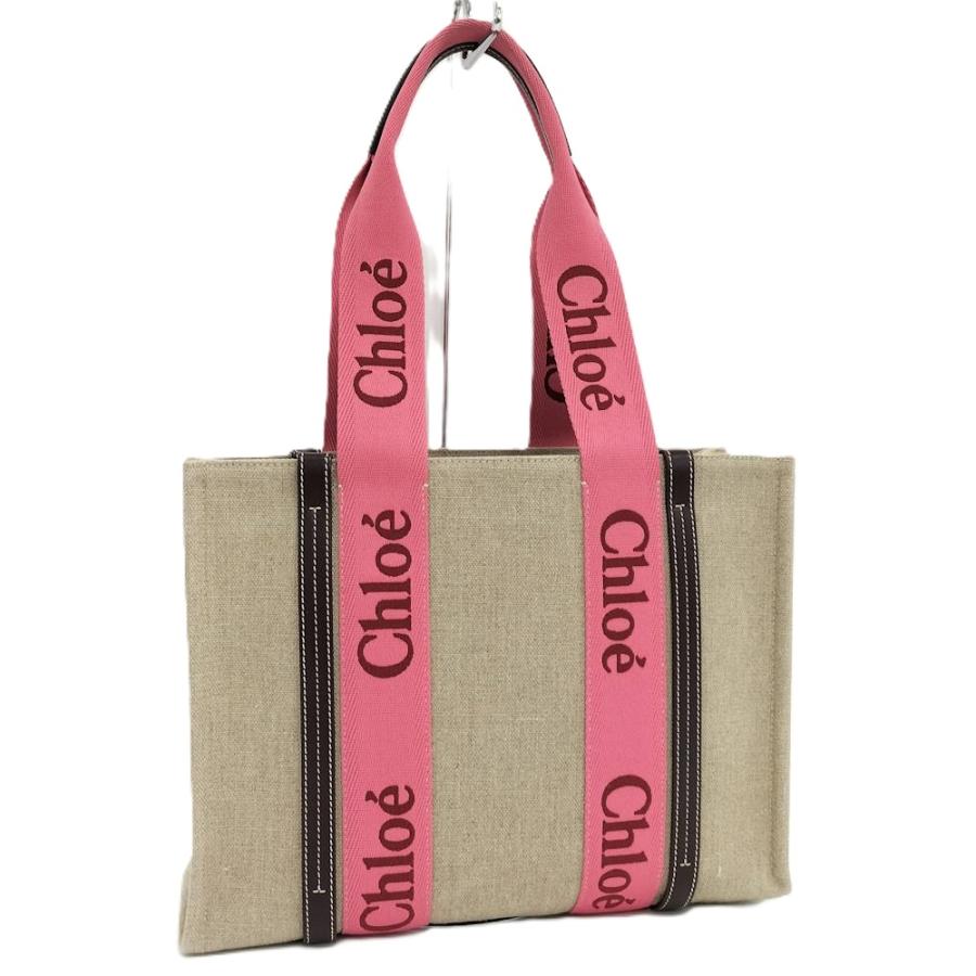Chloe エテル ピンク ベージュ レザー トートバッグ 希少カラー Chloe（クロエ） ウッディ ミディアム トートバッグ キャンバス レザー