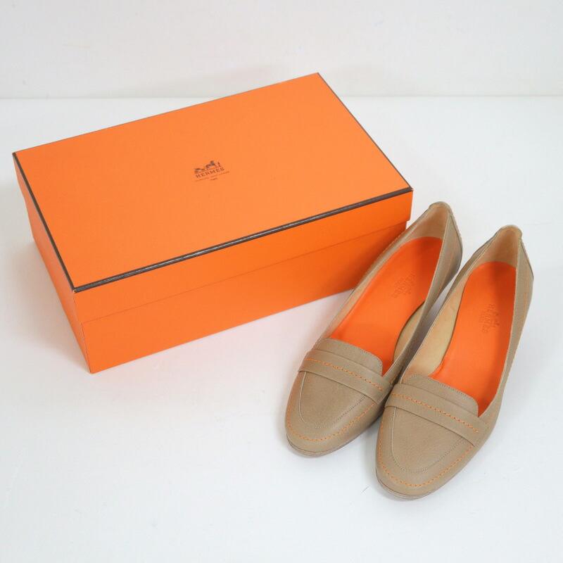 HERMES エルメス パンプス デザインステッチ ベージュ×オレンジ レザー