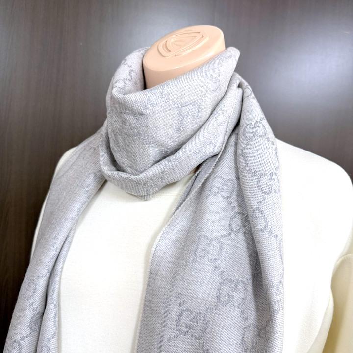 GUCCI グッチ ストール GG柄 グレー ウール100% 08.338.986 : JJ