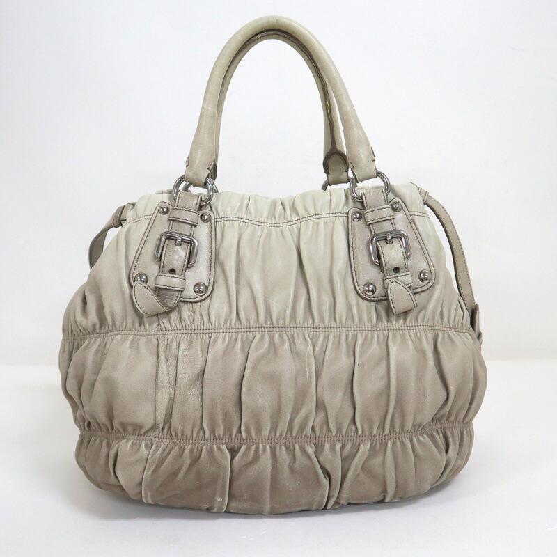 PRADA プラダ ギャザー 2WAYショルダーバッグ レザー グレー