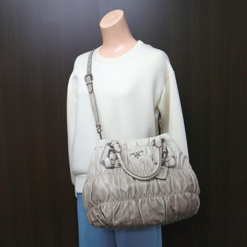 PRADA プラダ ギャザー 2WAYショルダーバッグ レザー グレー 