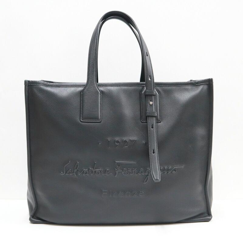 S.Ferragamo フェラガモ トートバッグ レザー ブラック×シルバー金具
