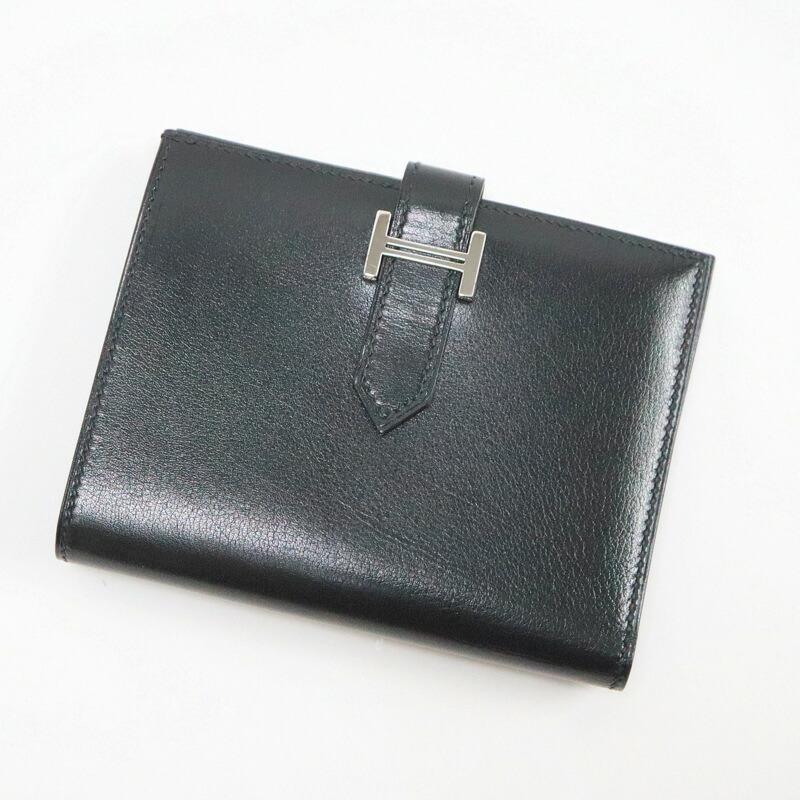 HERMES エルメス ベアンコンパクト 2つ折り財布 ブッフルガラ ノワール×シルバー金具 □H刻印の画像