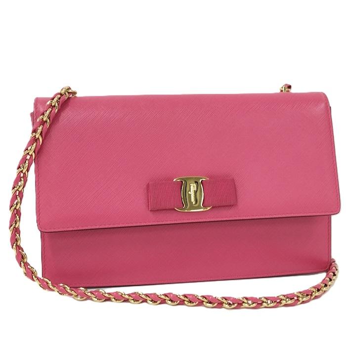 フェラガモ　チェーン　ショルダーバッグ　ヴァラリボン　レザー　ピンク系 FERRAGAMO（フェラガモ） Salvatore Ferragamo チェーンショルダー