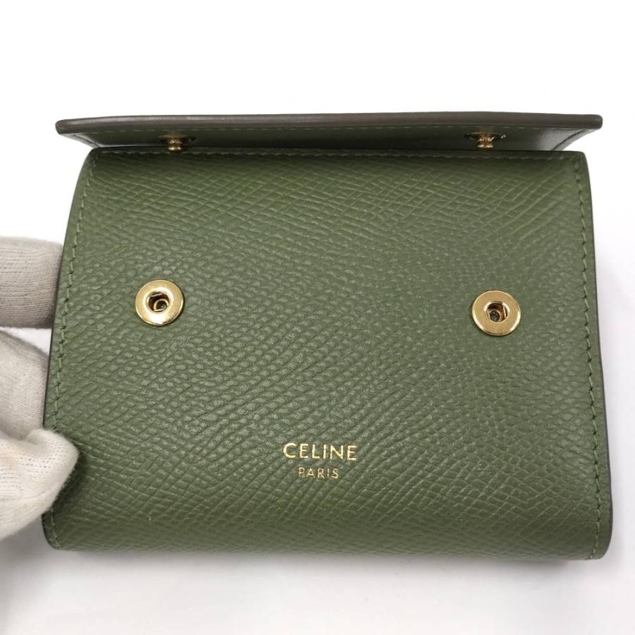 美品 セリーヌ 三つ折り財布 トリフォールドウォレット グリーン レザー CELINE（セリーヌ） スモール トリフォールド ウォレット 三つ折り財布