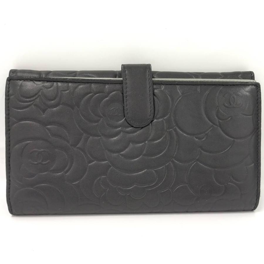 CHANEL カメリア 二つ折り財布 ブラック CHANEL（シャネル） カメリア 二つ折り 長財布 レザー ブラック : JJ