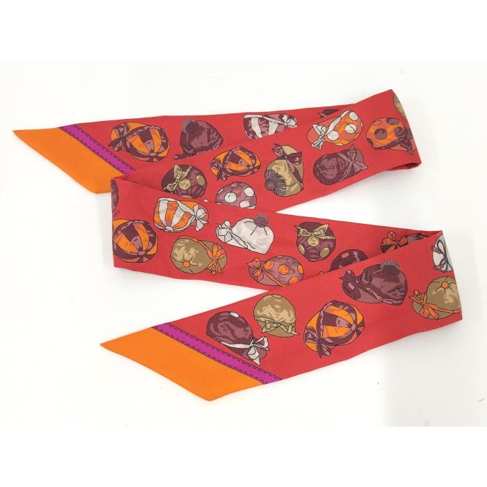 HERMES ツイリースカーフ ジョッキー帽 馬術用帽子 モチーフ レッド系 マルチカラー シルク100%_1