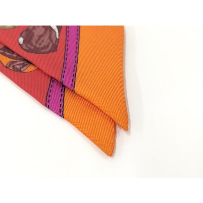 HERMES ツイリースカーフ ジョッキー帽 馬術用帽子 モチーフ レッド系 マルチカラー シルク100%_3