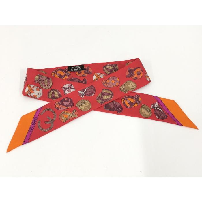 HERMES ツイリースカーフ ジョッキー帽 馬術用帽子 モチーフ レッド系 マルチカラー シルク100%_4