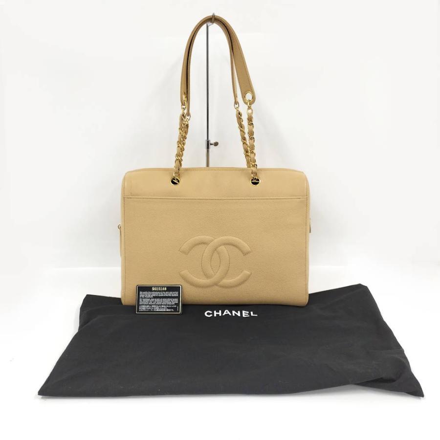 CHANEL チェーンショルダーバッグ キャビアスキン レザー ベージュ系_9