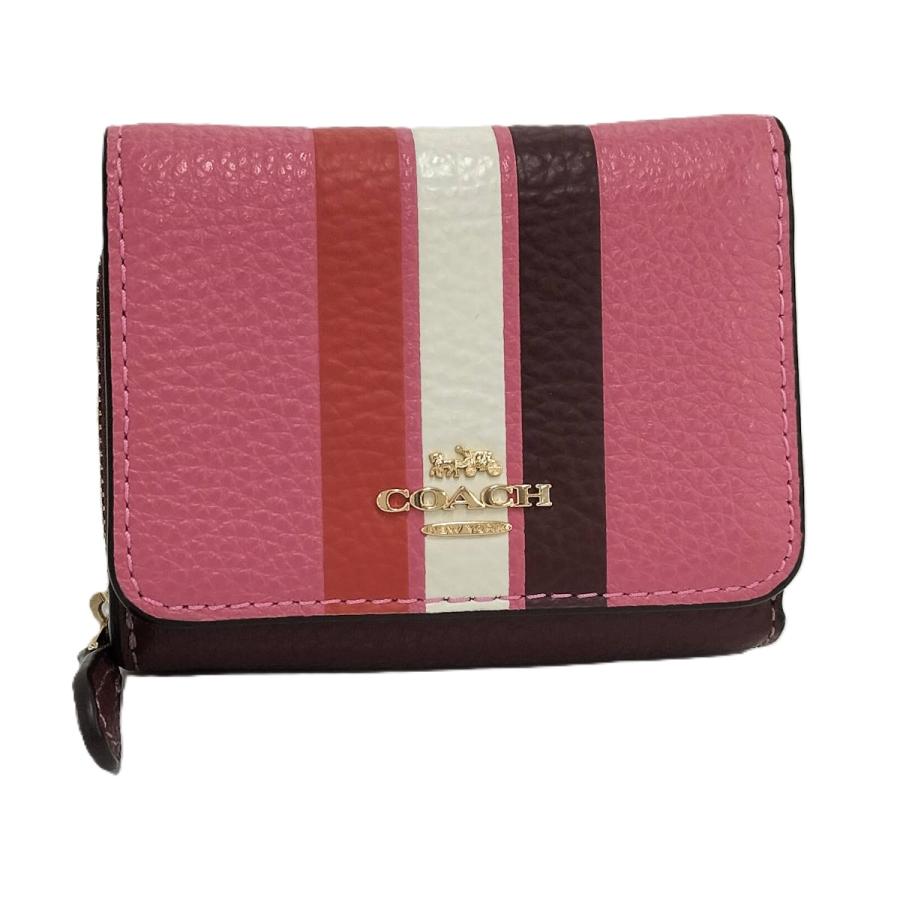COACH（コーチ） 三つ折り財布 ラウンドファスナー ストライプ レザー