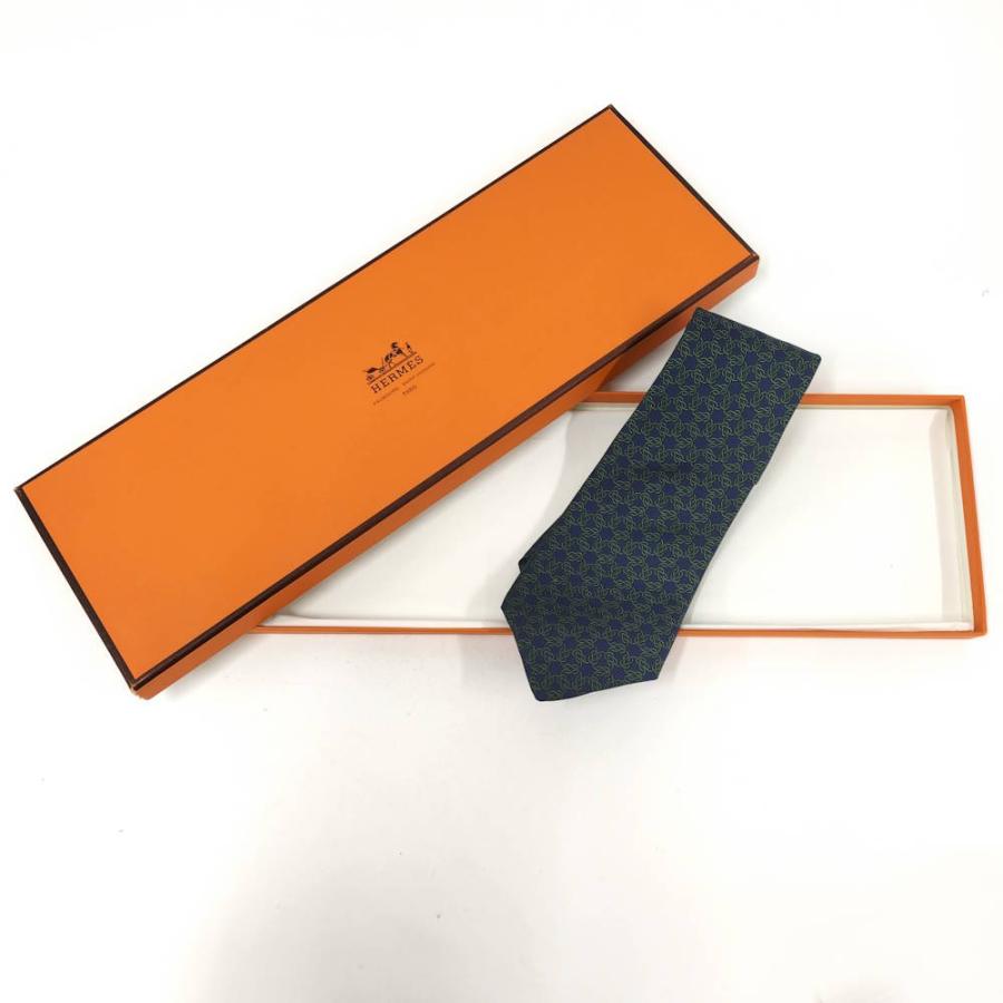 HERMES（エルメス） ネクタイ シルク100％ チェーン柄 ブルー グリーン