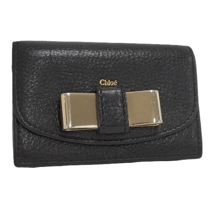 Chloé ブラックレザー 名刺入れ リボン付き Chloe（クロエ） カードケース リボンモチーフ レザー メタル ブラック