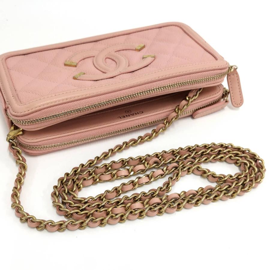 CHANEL チェーンウォレット CCフィリグリー ココマーク レザー ピンク A84450の画像