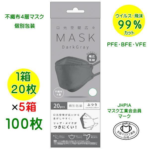 マスク 立体マスク １００枚セット ２０枚入り×５箱 ダークグレー 不織布４層マスク  ウイルス 飛沫対策 花粉 花粉対策グッズ 個別包装 口元空間広々マスク｜jjey2