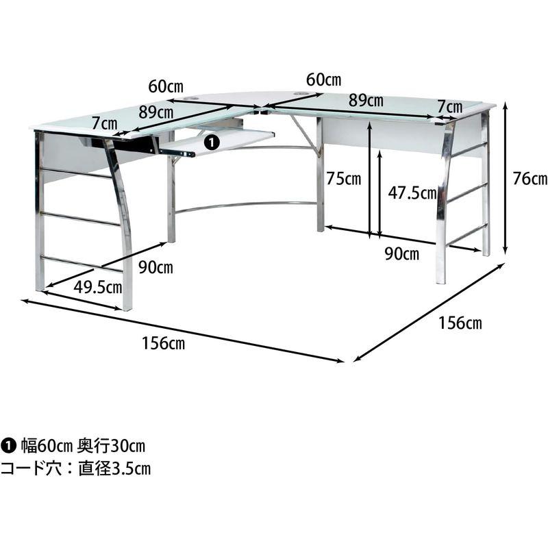 家具 不二貿易 パソコンデスク L字型 幅156×奥行156×高さ76cm ホワイト 強化ガラス キーボードトレイ付 70391｜jjhouse｜03