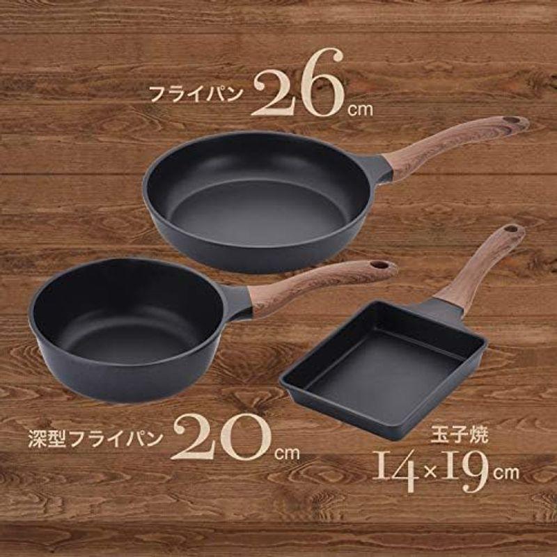 和平フレイズ フライパンセット 玉子焼き&深型フライパン20・24cm&フライパン26cm IH対応 ブラック 木目調ハンドル エヌトーン｜jjhouse｜06