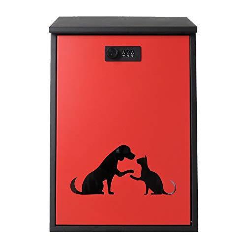 豪奢な おしゃれな郵便ポスト 人気の北欧デザインメールボックス 壁掛けダイヤル錠付き「犬と猫の希望」レッド赤色 ポスト、郵便受け