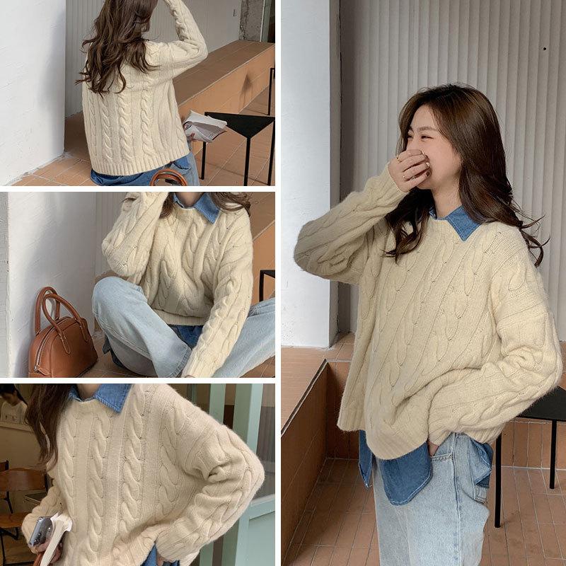 特価セール セーター ケーブル編み ラウンドネック ニットセーター