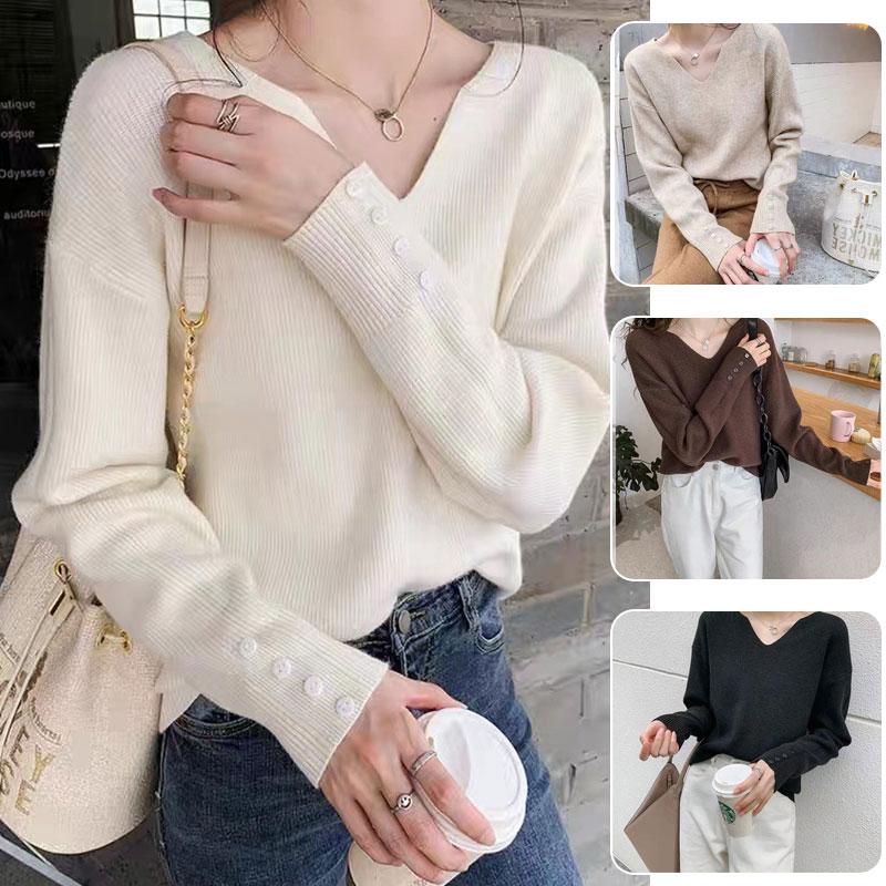 リブニット Vネック ニットセーター レディース トップス 長袖 無地 袖
