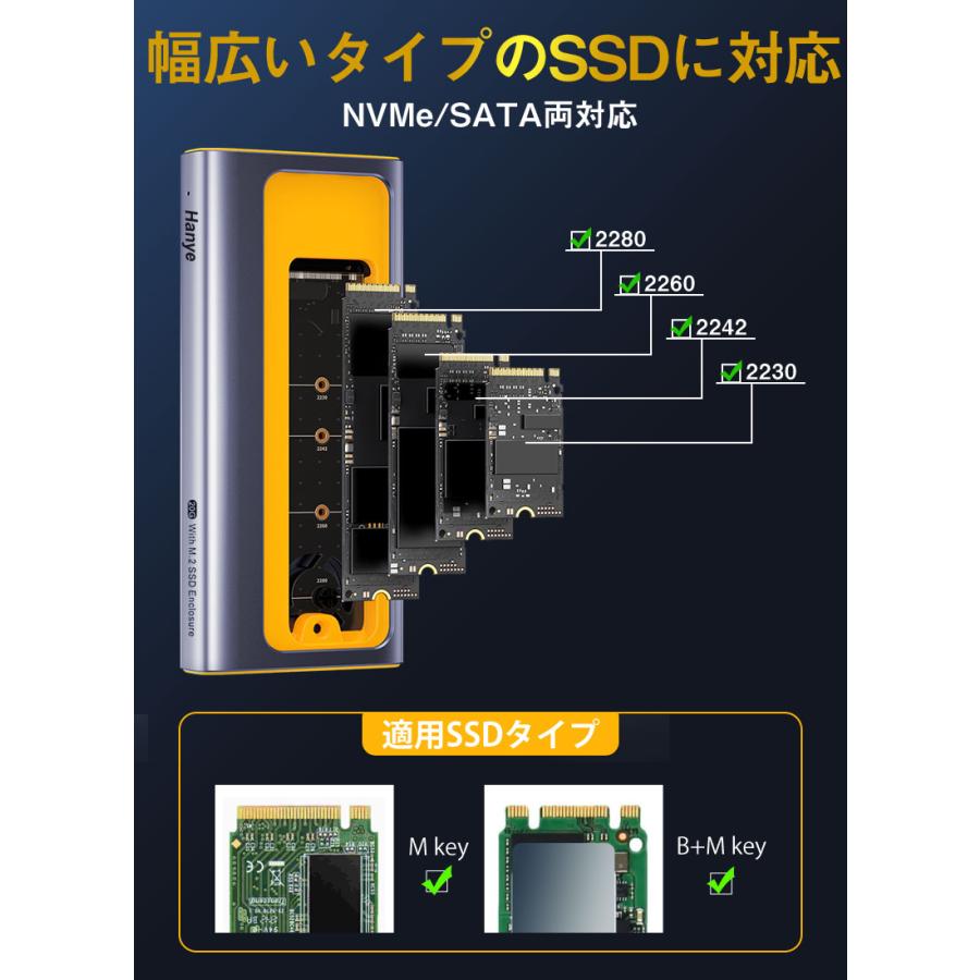 Hanye M.2 SSD 外付けケース NVMe/SATA両対応 USB 3.2 Gen2 M.2 SSD ケース 20Gbps高速転送 熱伝導シート付属 2230/2242/2260/2280 アルミ筐体 翌日配達｜jnh｜03