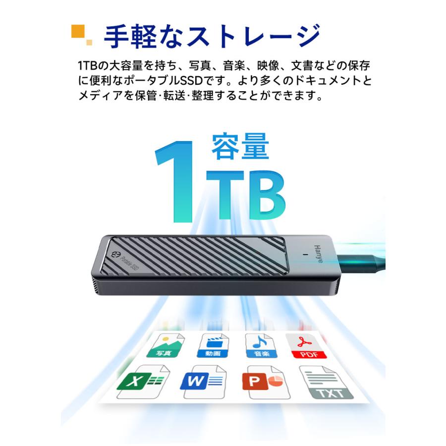 ポータブルSSD 外付けSSD 1TB USB 3.2 Gen2 10Gbps Type‐C Hanye USB A-C USB C-C 2本ケーブル付き 3年保証 翌日配達 PS4 PS5動作確認済 | Hanye | 04